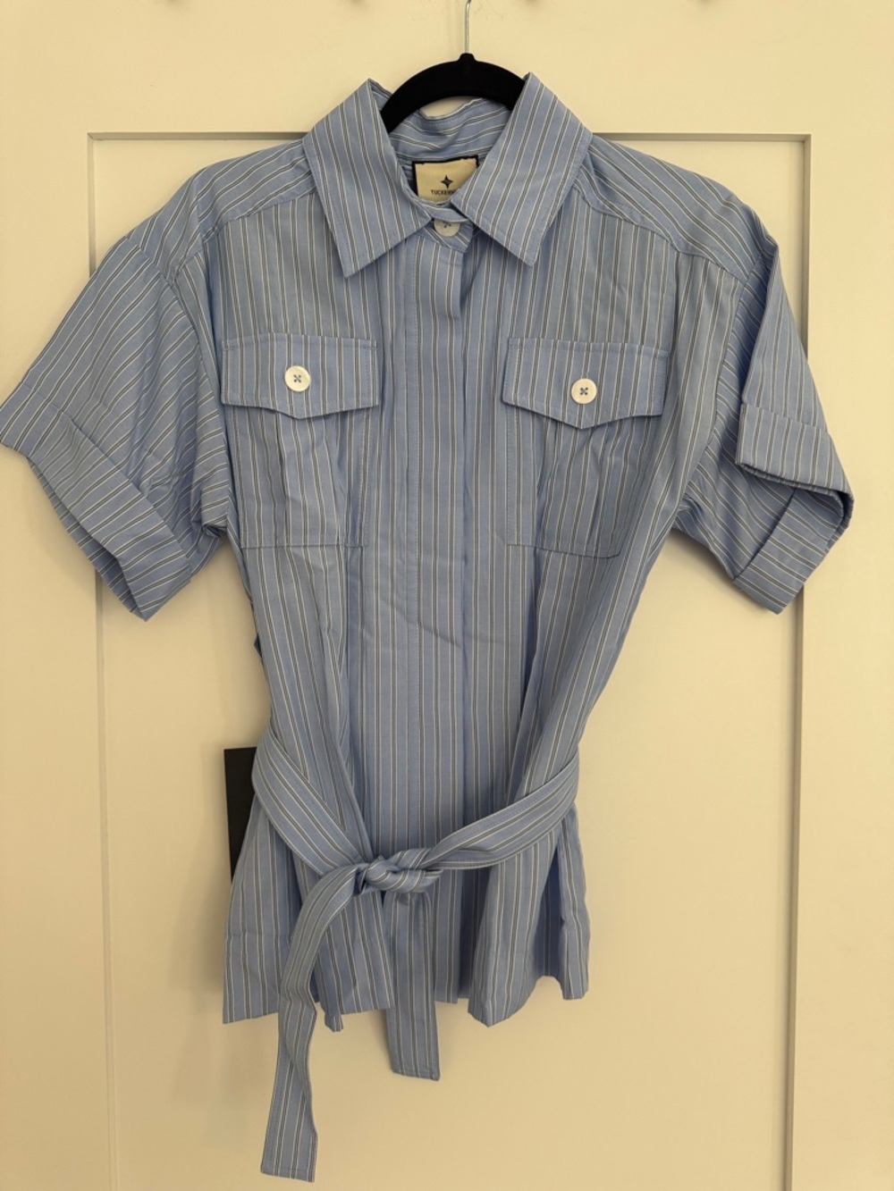 NWT Tuckernuck Ava Blue/White Striped Short-Sleeve Button-Down Shirt Jacket